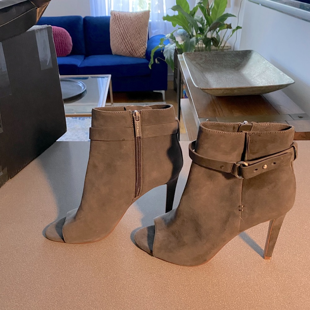 BCBG peep toe high heel booties.